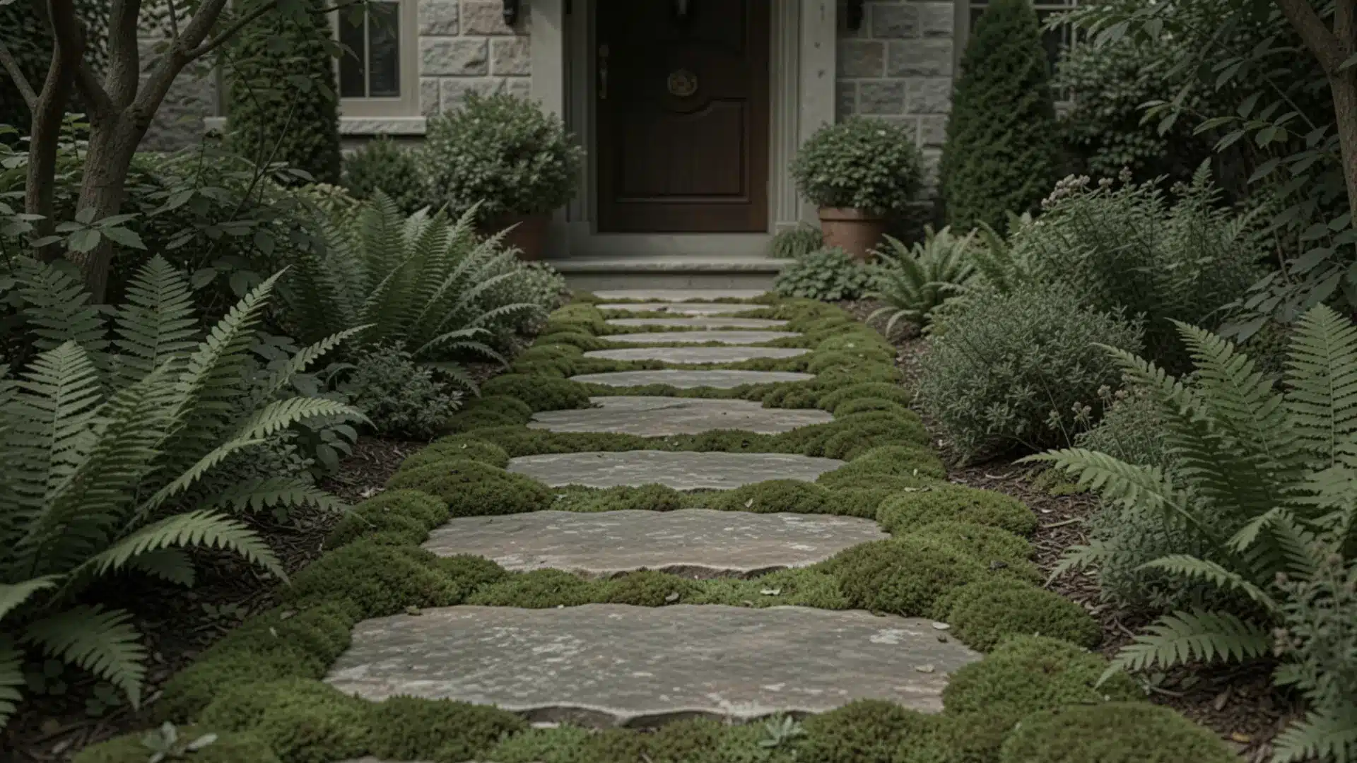 A moss edged stone pathway leads toward a dark wooden front door set in a light-colored stone facade