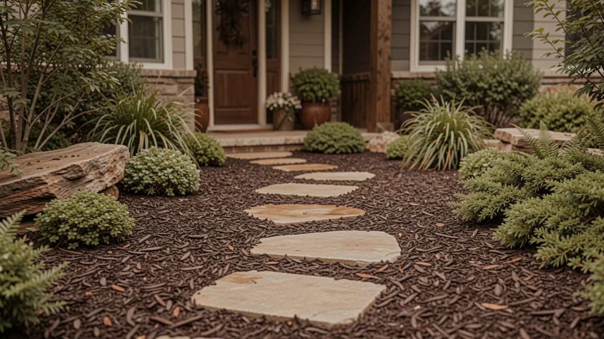 A stone path leads to a house entrance, surrounded by lush green shrubs and mulch