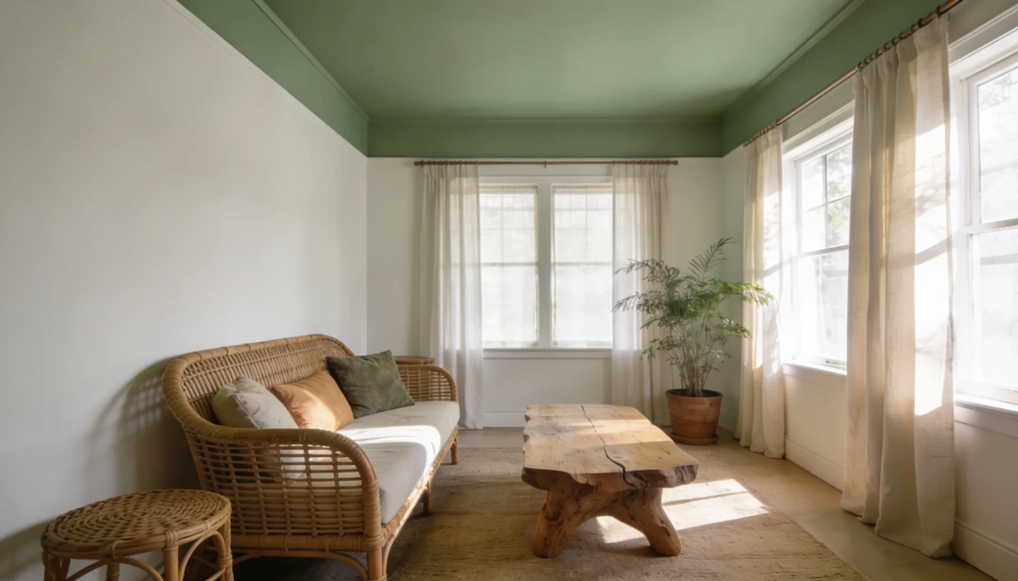 Bright living room with white walls a sage green ceiling a rattan sofa a live-edge wood coffee table