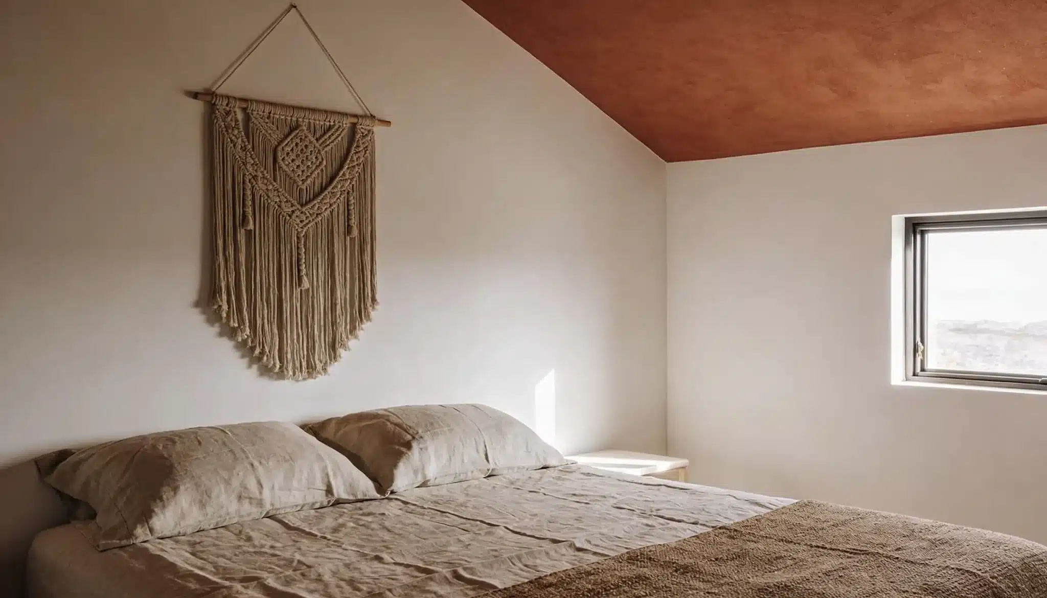 bedroom with celing in muted terracotta color