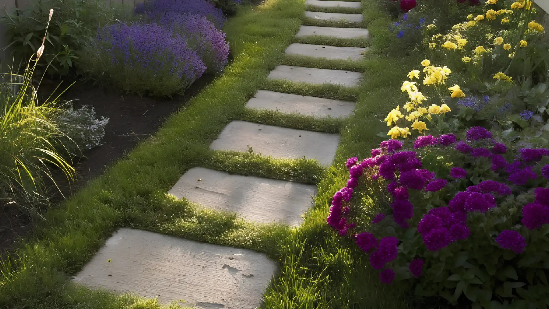 Stepping stones set in grass create a narrow pathway bordered by vibrant purple, yellow, and blue flowering plants