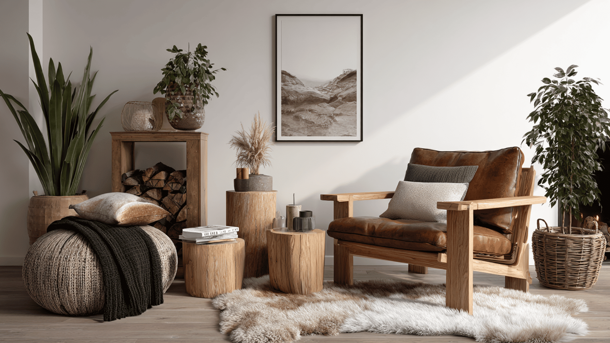 scandinavian interior with oak furniture, wool textiles, linen decor, and natural cozy materials