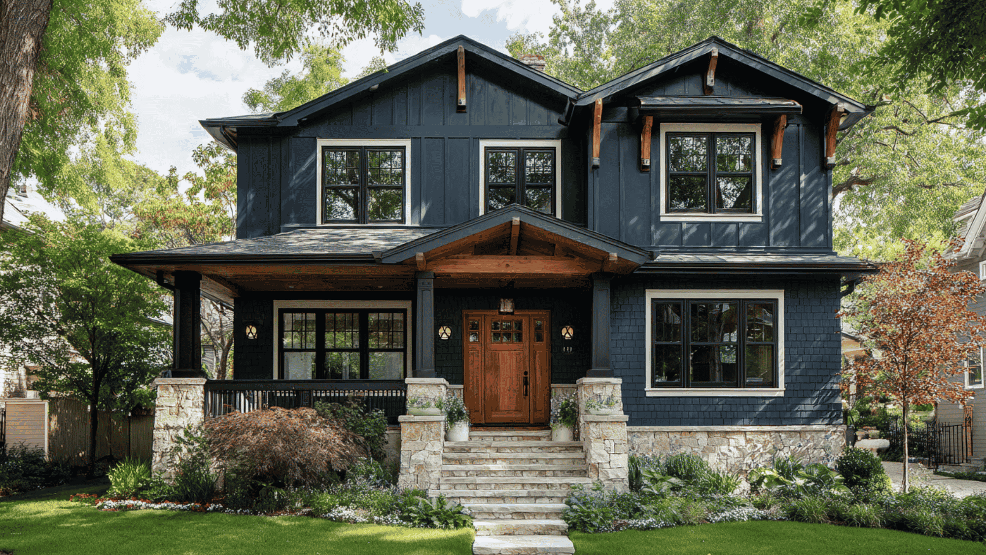 blue craftsman house with black trim and cozy modern exterior design