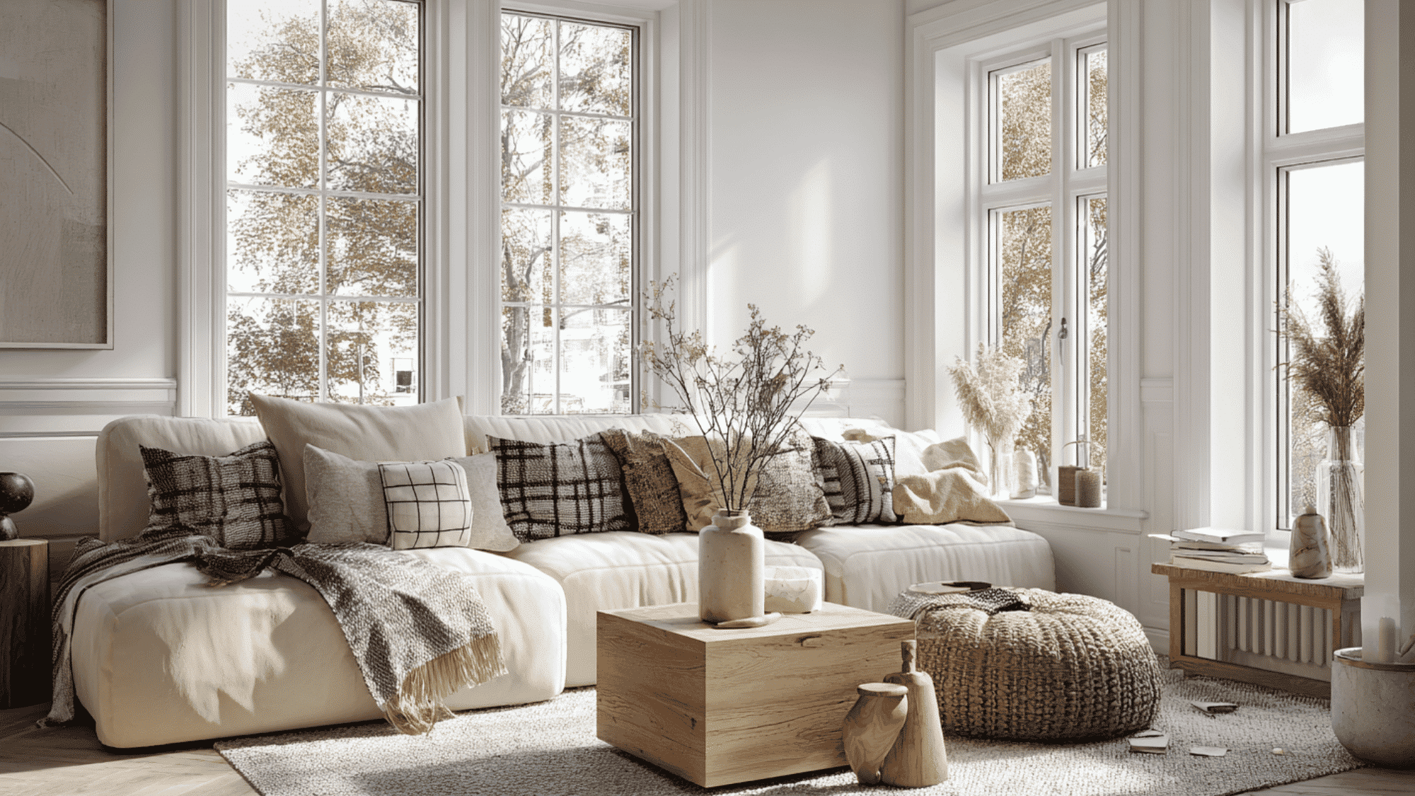 scandinavian interior with white, beige, gray, and earthy tones in a bright modern living room