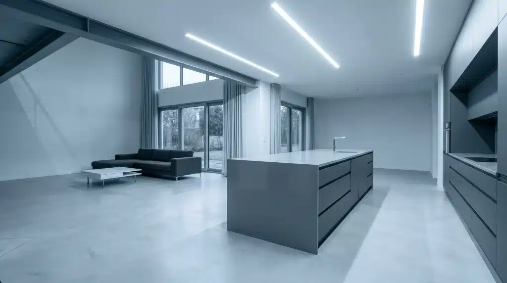 Minimalist open-plan living room with modern grey sofa, large windows, and sleek kitchen island