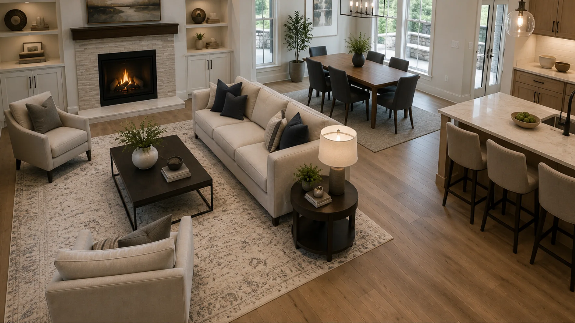 Modern open-plan living room with fireplace, large rug, defined seating area, dining space, and kitchen