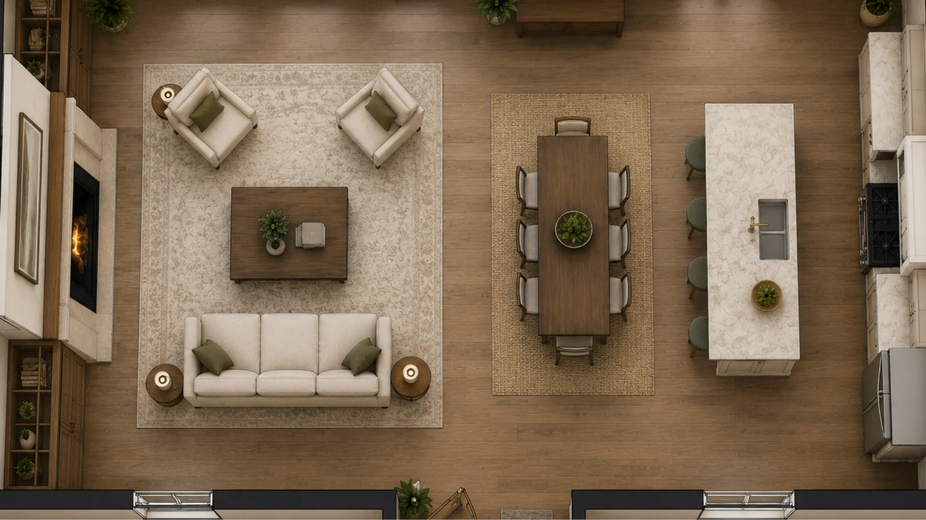 Top view open concept living room layout with fireplace, seating area, dining table, and kitchen