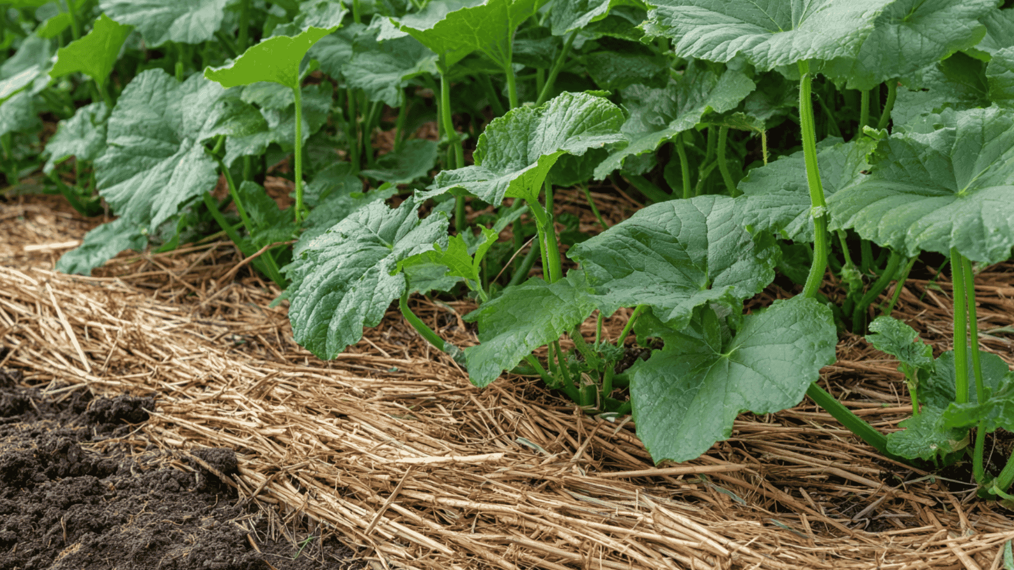 organic mulch placed around cucumber plants to retain moisture and prevent weed growth naturally