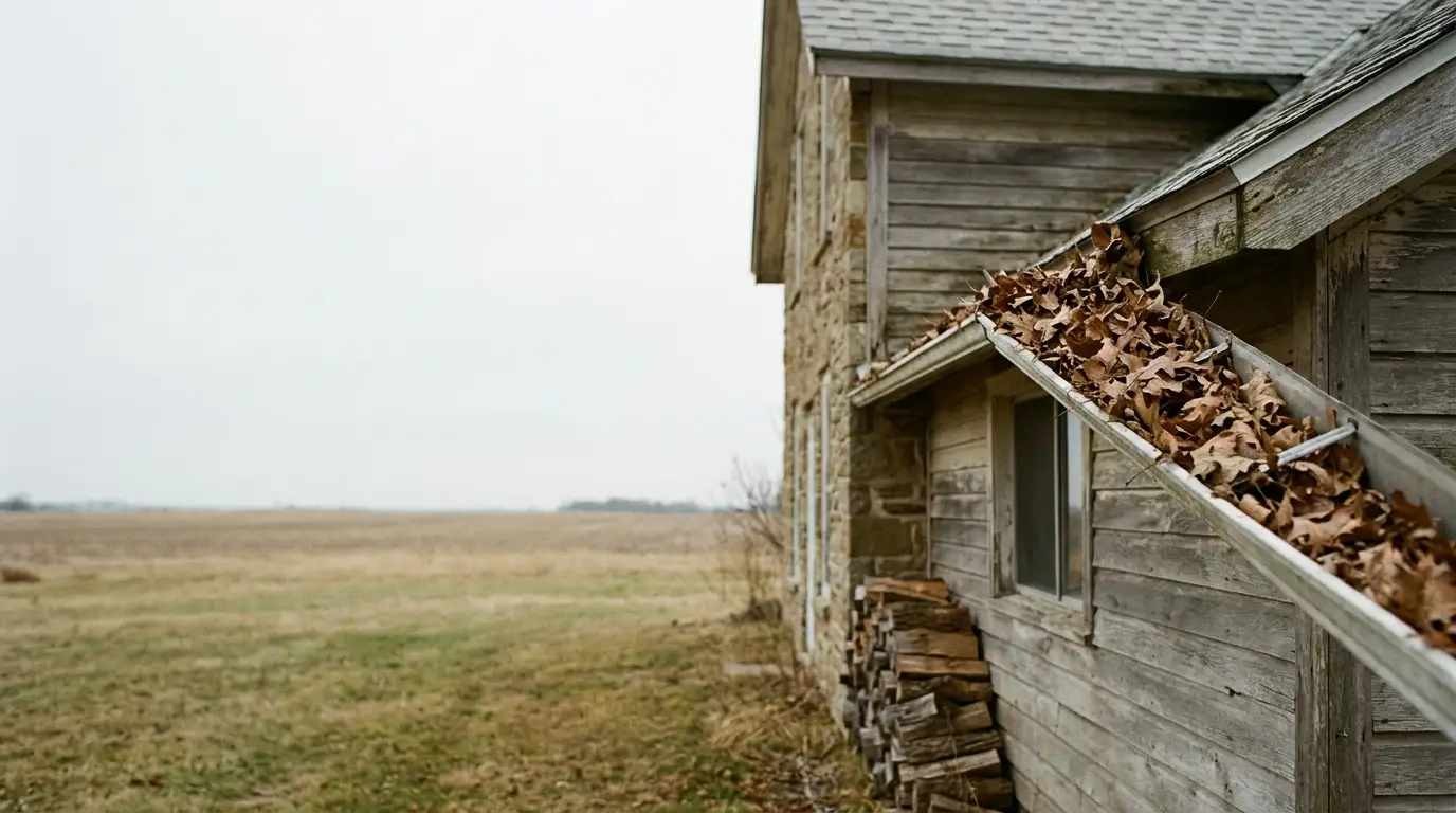 Weathered wooden house with clogged gutters full of leaves, stack of firewood, open field beyond