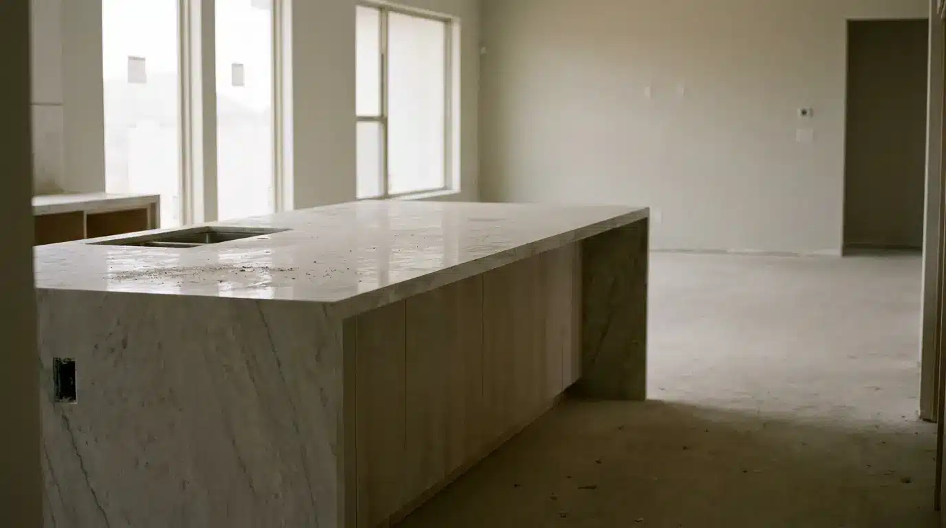 Minimalist kitchen with large marble island and natural light from glass doors