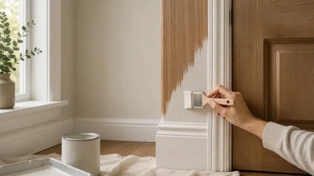 Hand using a paintbrush to apply paint over a stained wooden door trim next to a light tan wall