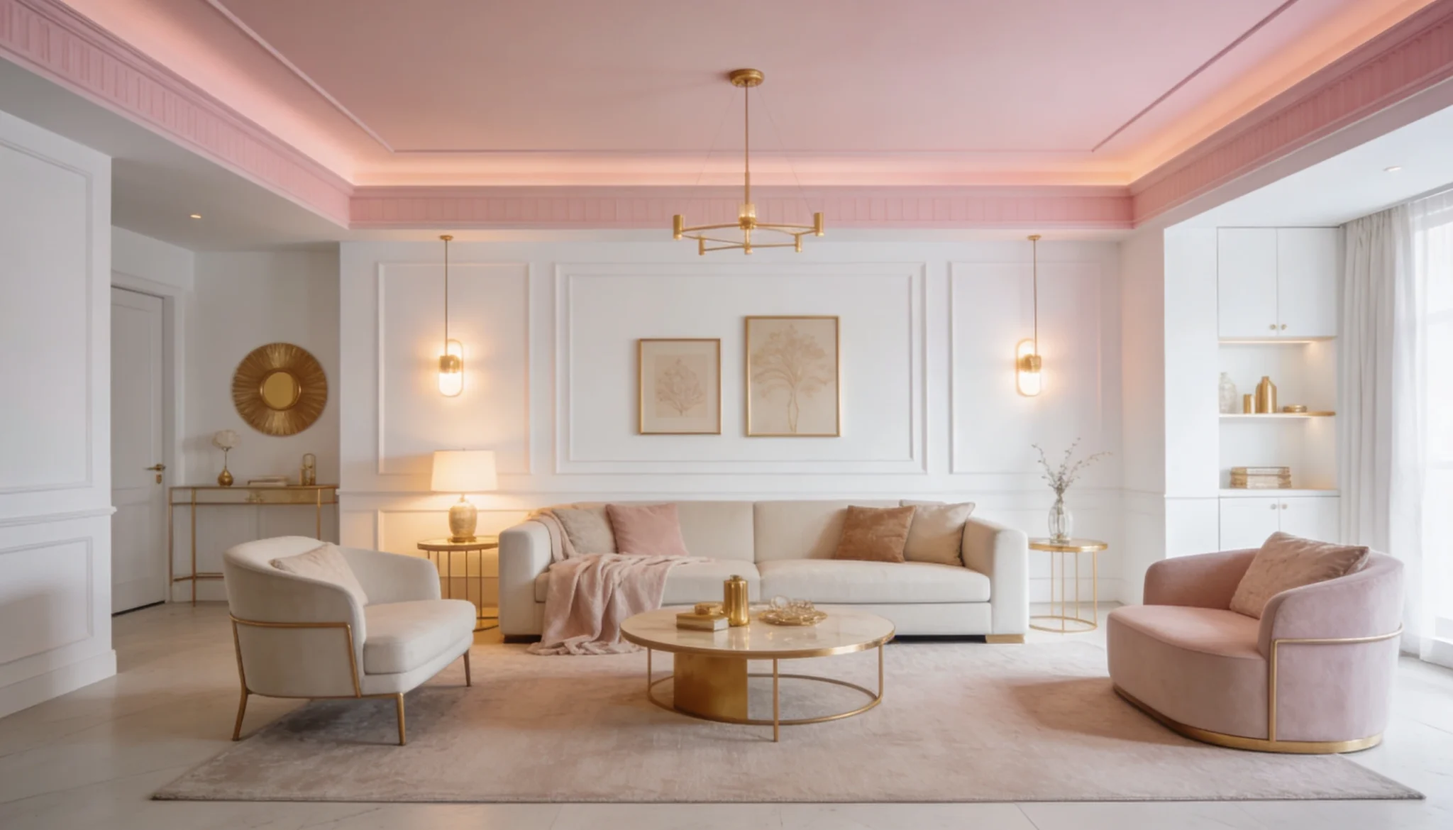 elegant living room featuring pale blush pink ceiling with white walls and gold accents