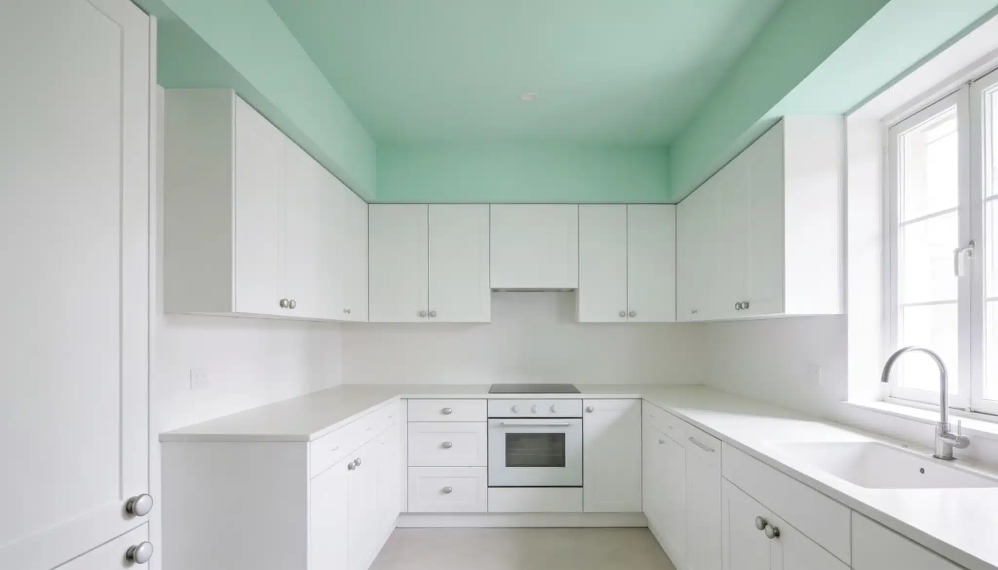 minimal kitchen with pale mint green ceiling and white cabinetry creating a fresh airy fee