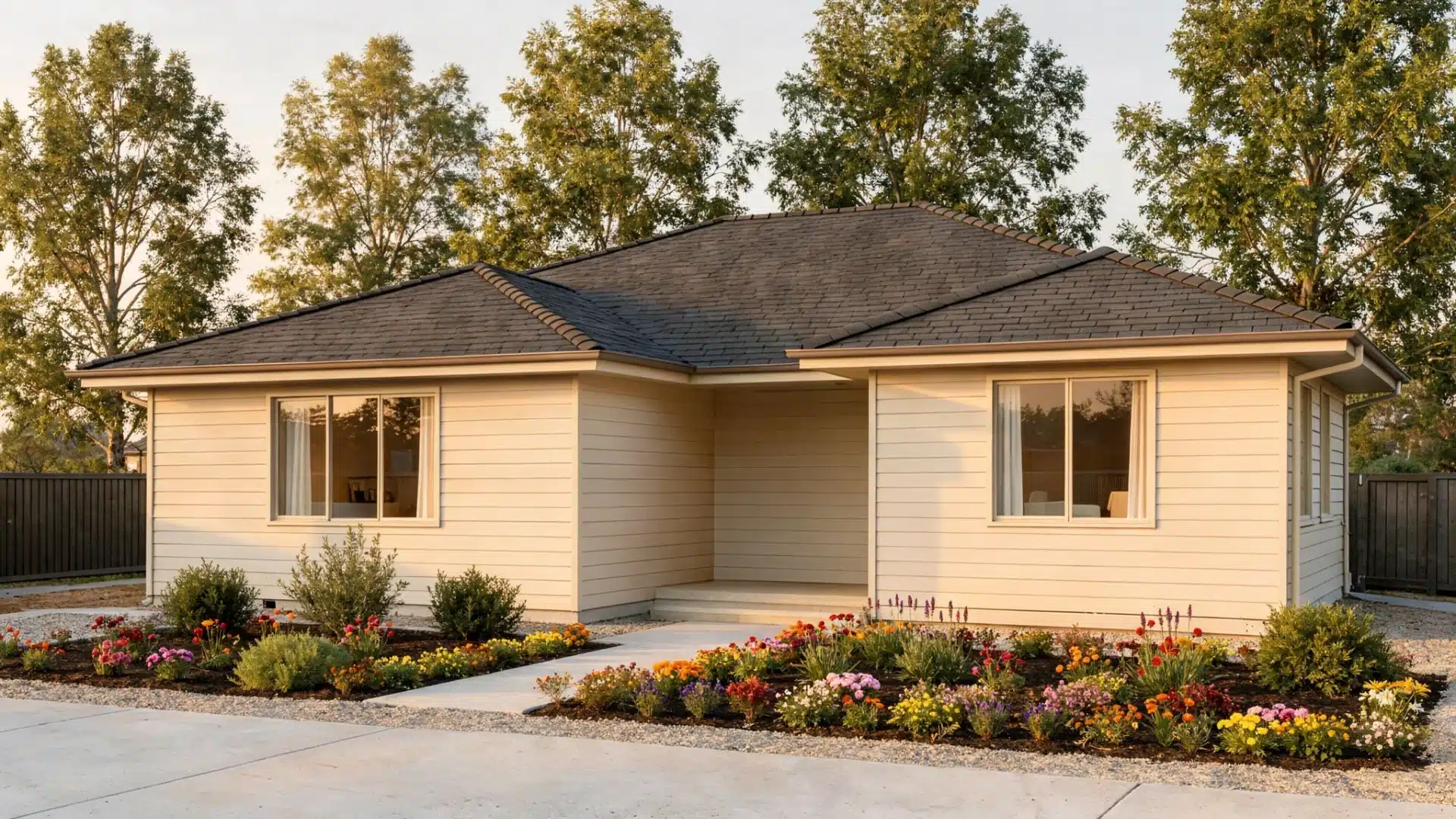 A small house with a lush garden in front, featuring colorful flowers and green shrubs