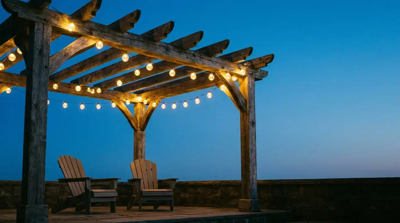 Outdoor pergola with string lights and wooden chairs at dusk against a clear blue sky