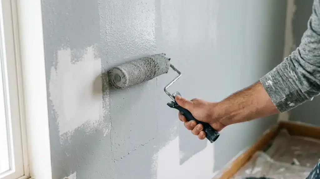 Person applying gray paint to a textured interior wall using a paint roller near a white window frame