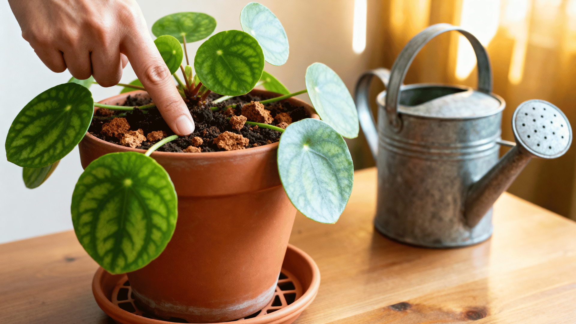 person checking soil moisture before watering a chinese money plant indoors.
