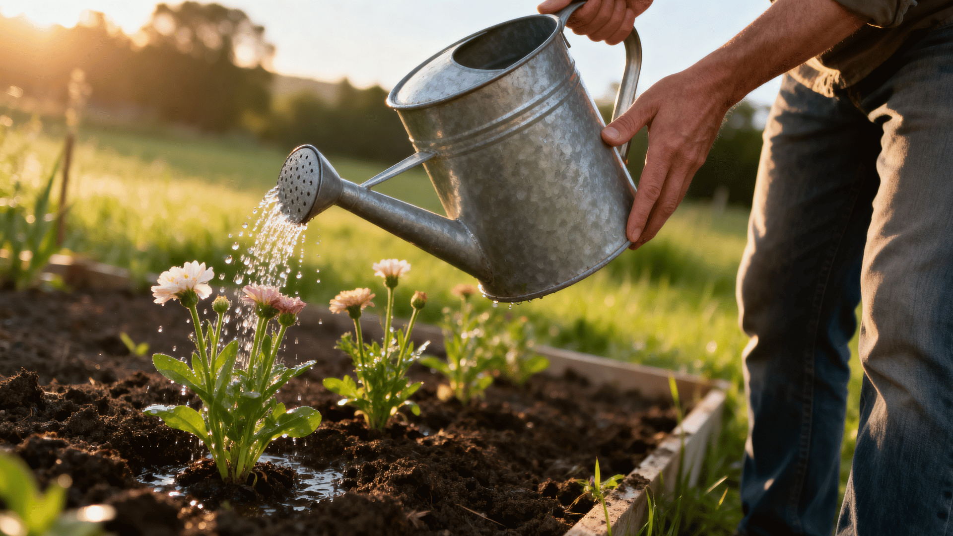 person gently watering newly planted flowers in a cut flower garden during morning sunlight