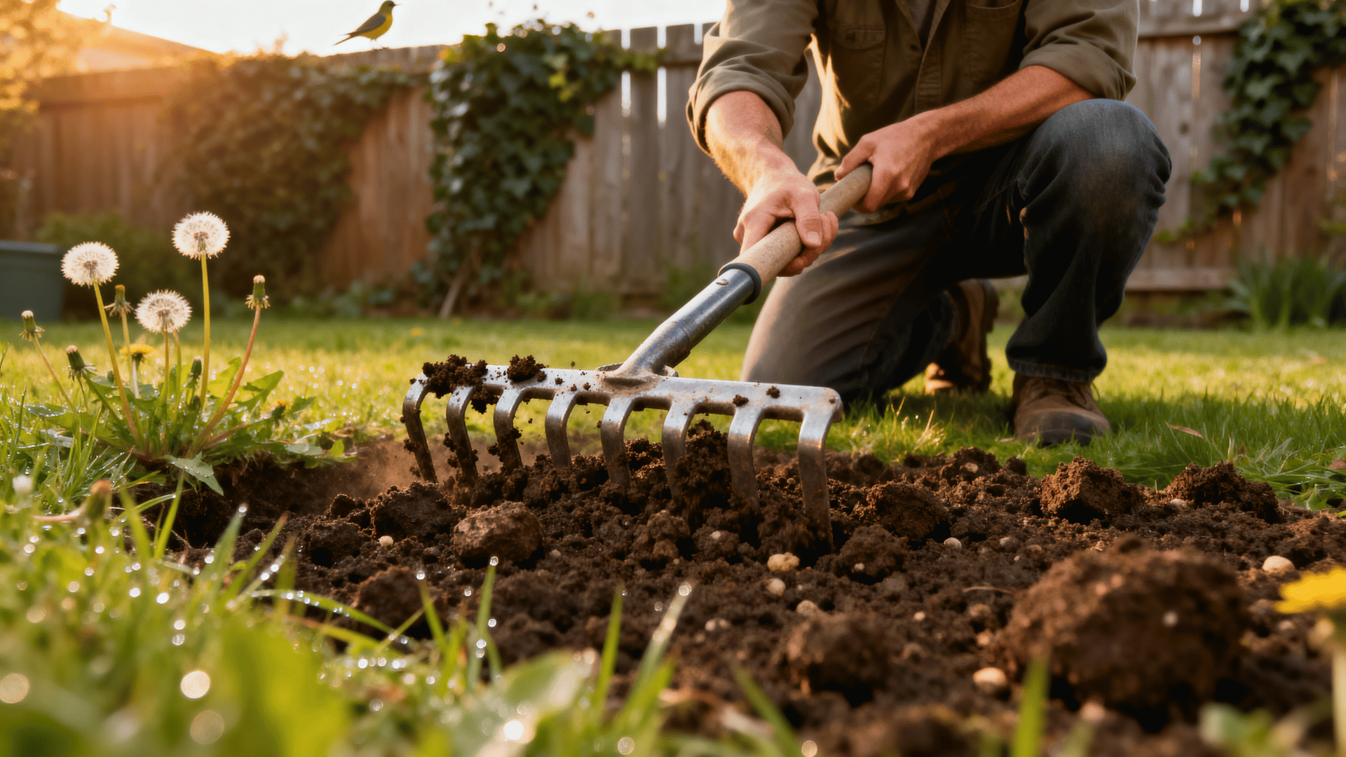 person loosening lawn soil with a rake to prepare for grass seed planting