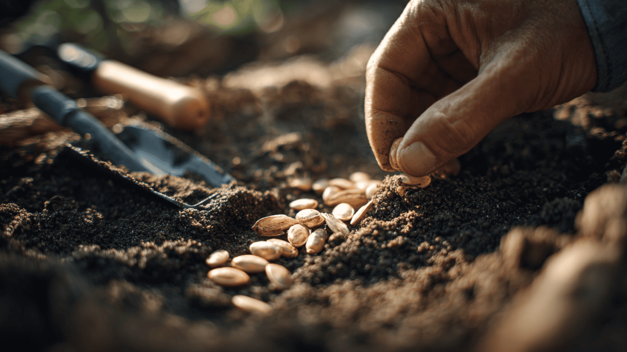 person planting realistic cucumber seeds in rich garden soil with proper spacing in backyard garden outdoors