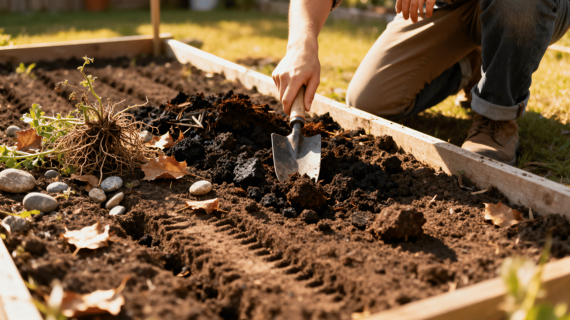 person preparing soil for a cut flower garden by removing weeds and mixing compost into the soil