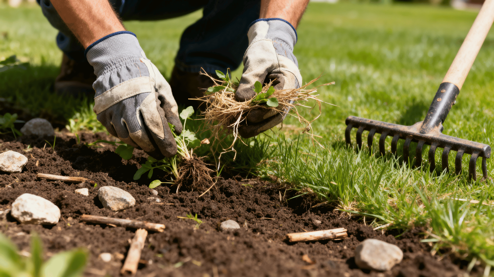 person removing weeds and debris from a backyard lawn before planting grass seed