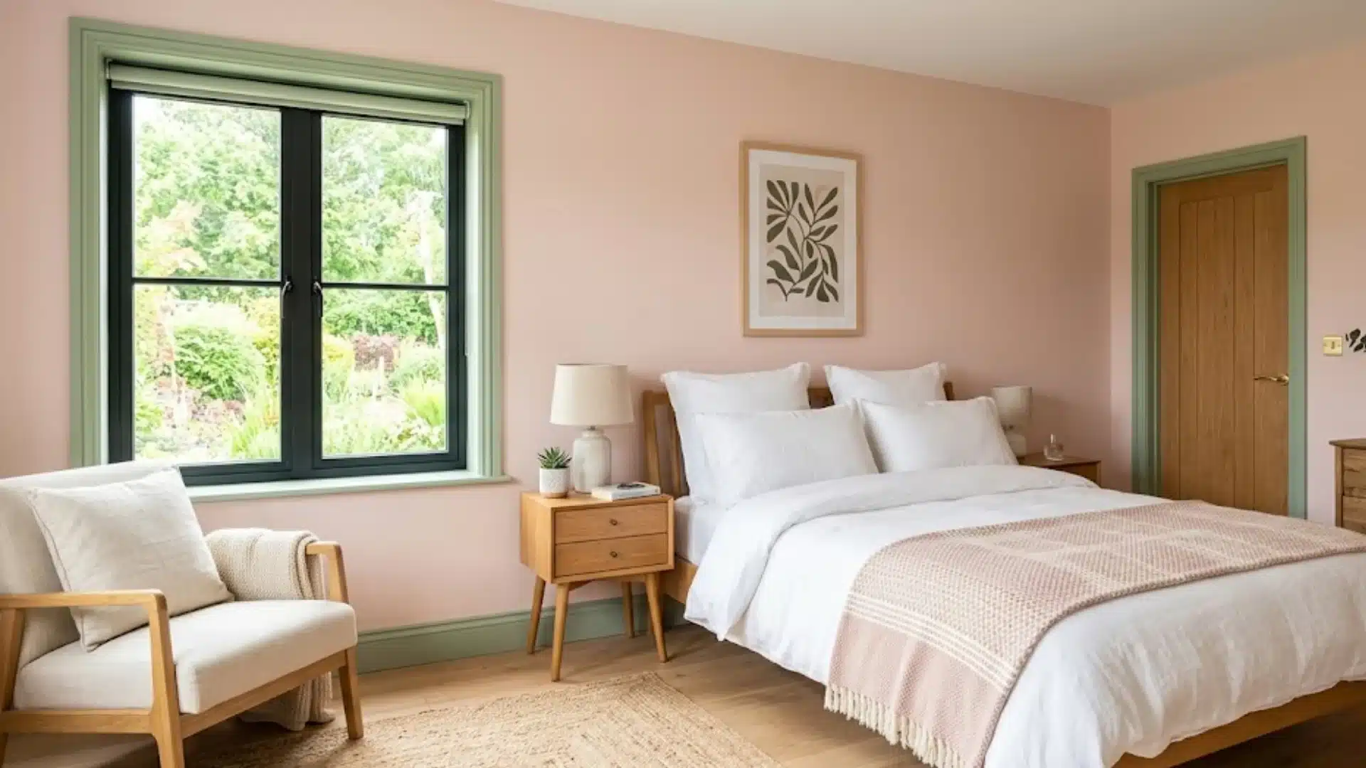 pink-walls-and-green-trim-bedroom