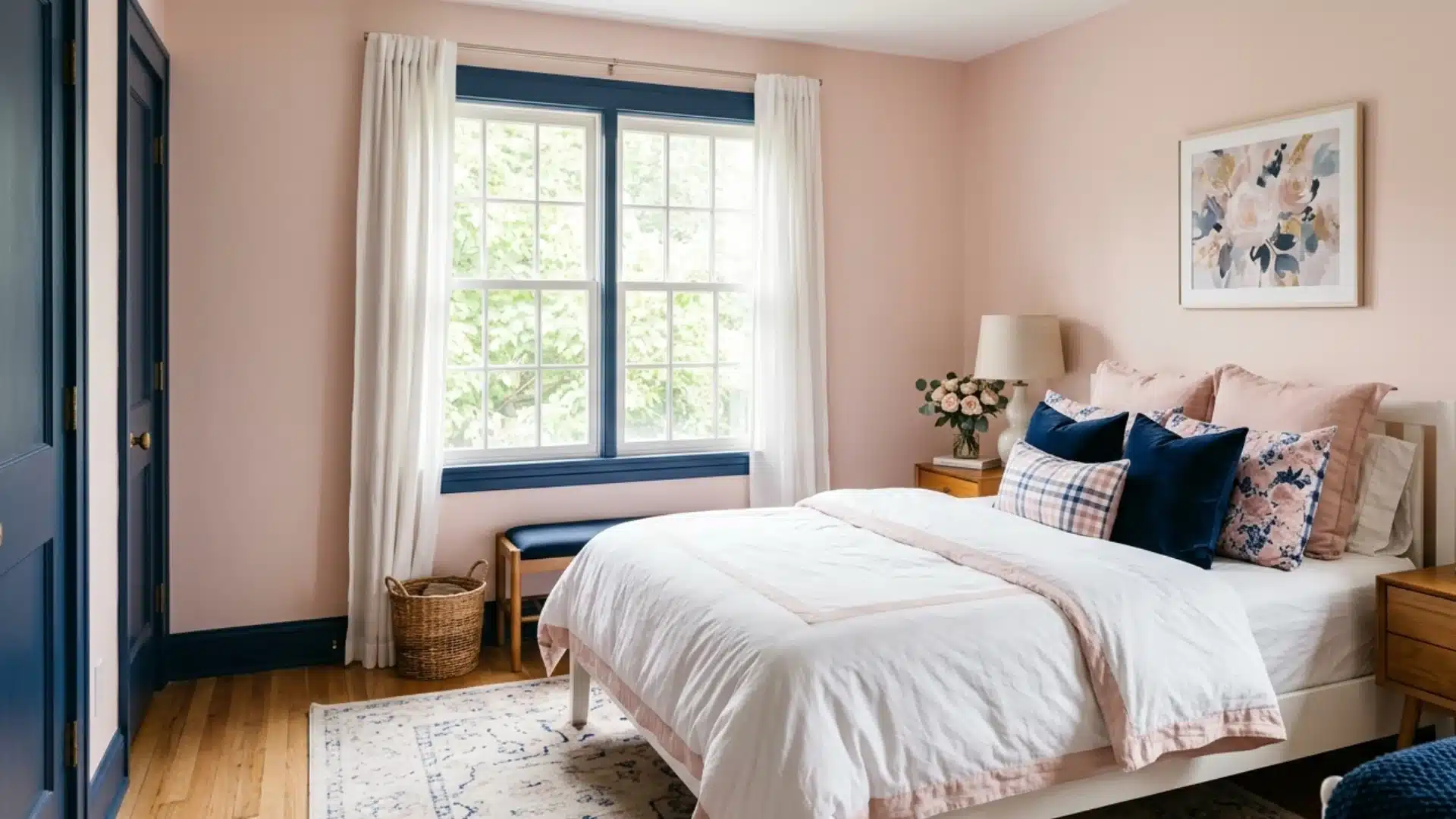pink-walls-blue-trim-bedroom
