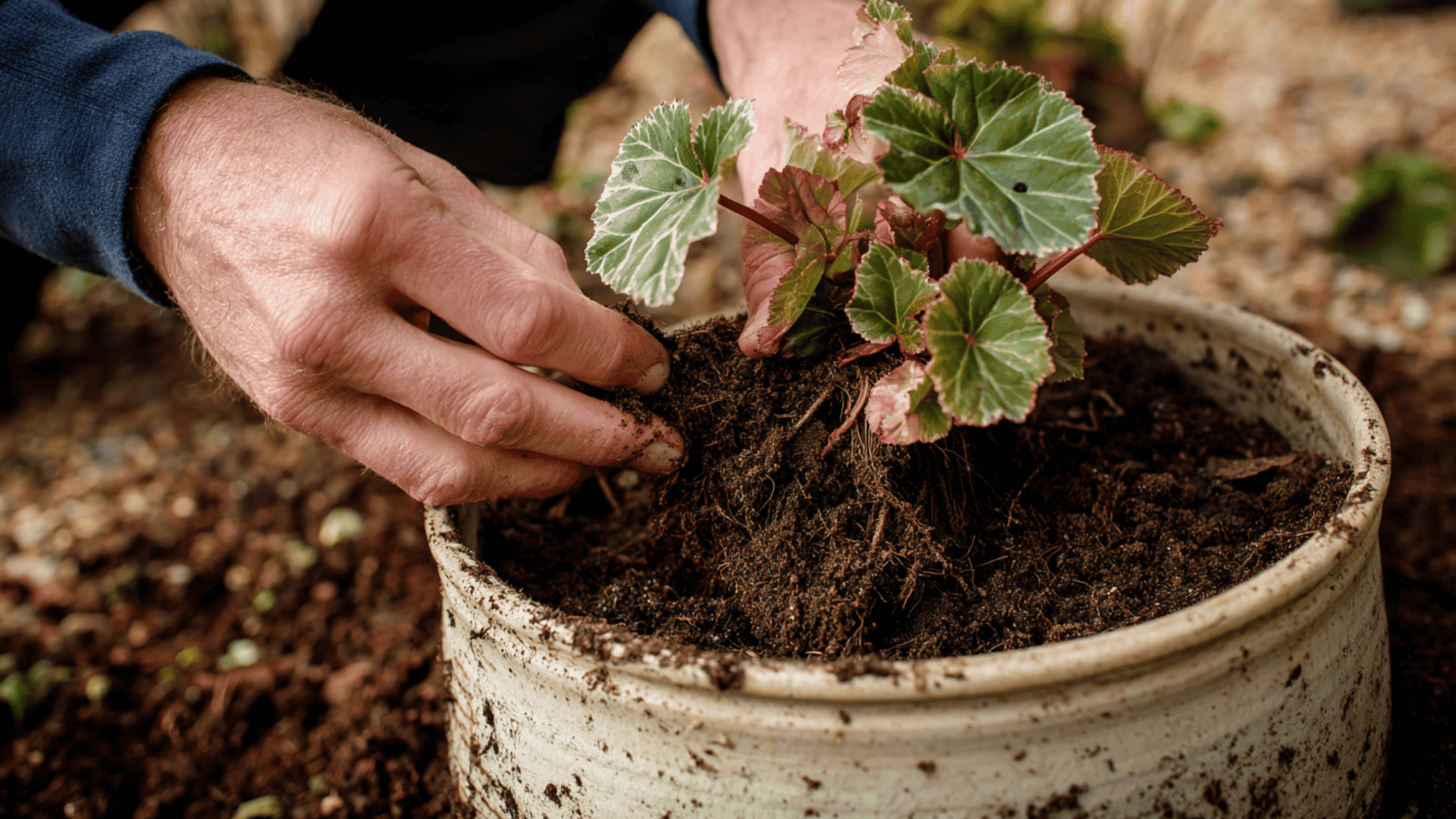 person carefully planting begonia roots into soft soil inside a decorative garden pot outdoors