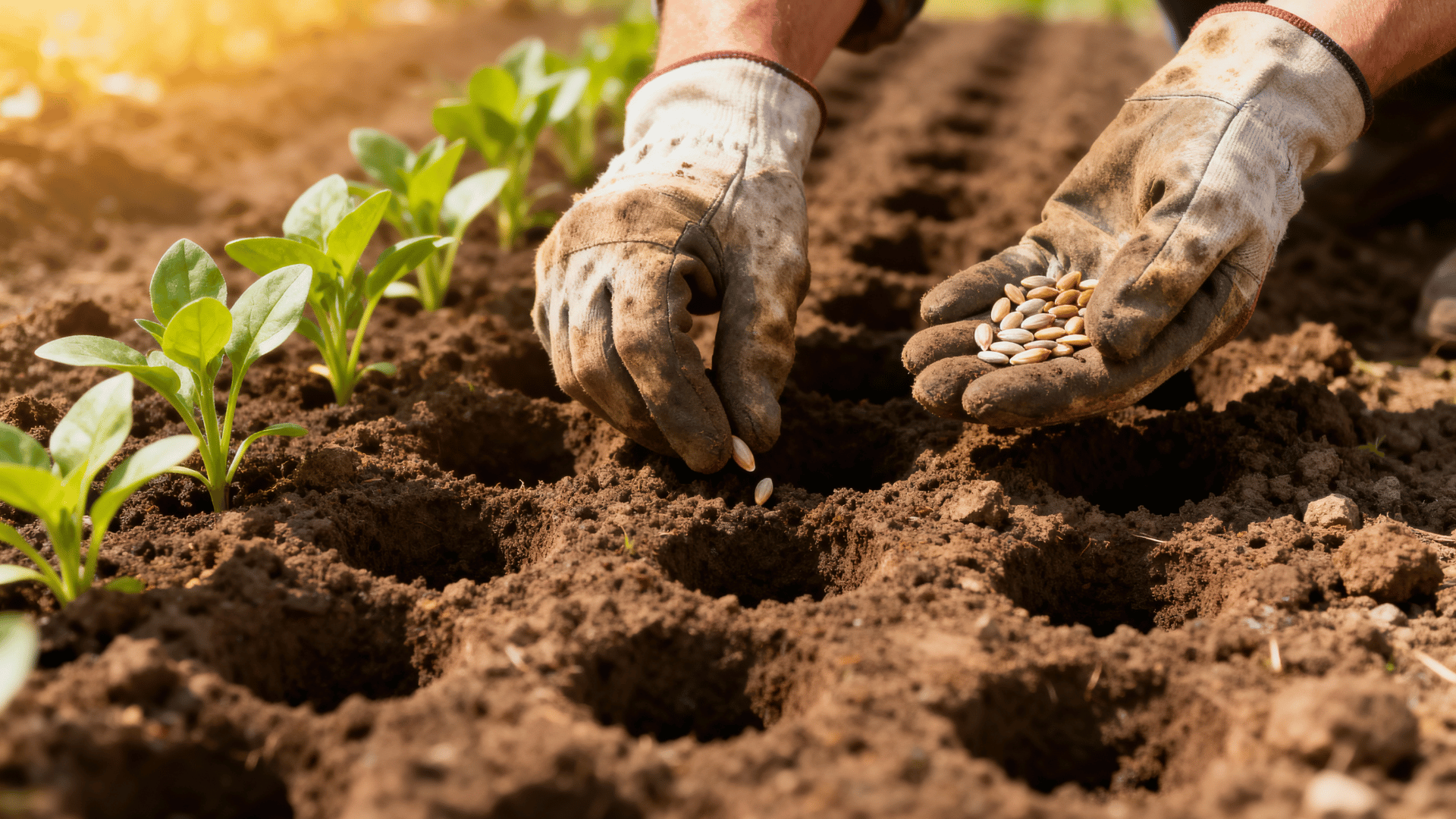 planting flower seeds and young plants in neat rows in a backyard cut flower garden