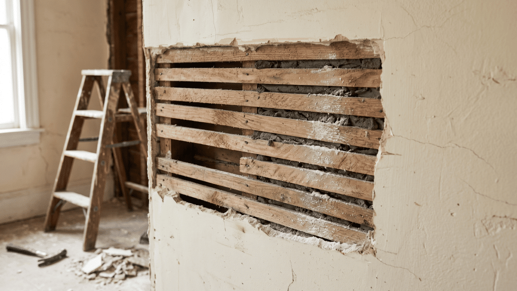 plaster and lath walls showing wooden strips and plaster