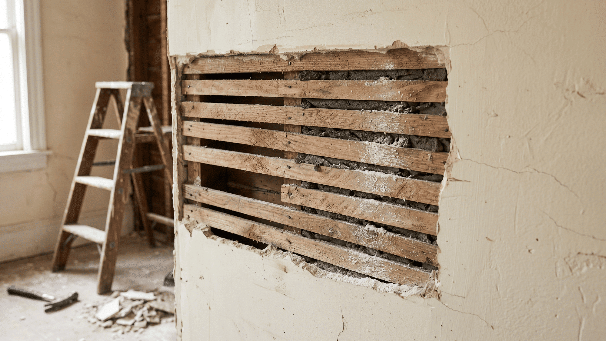 plaster and lath walls showing wooden strips and plaster