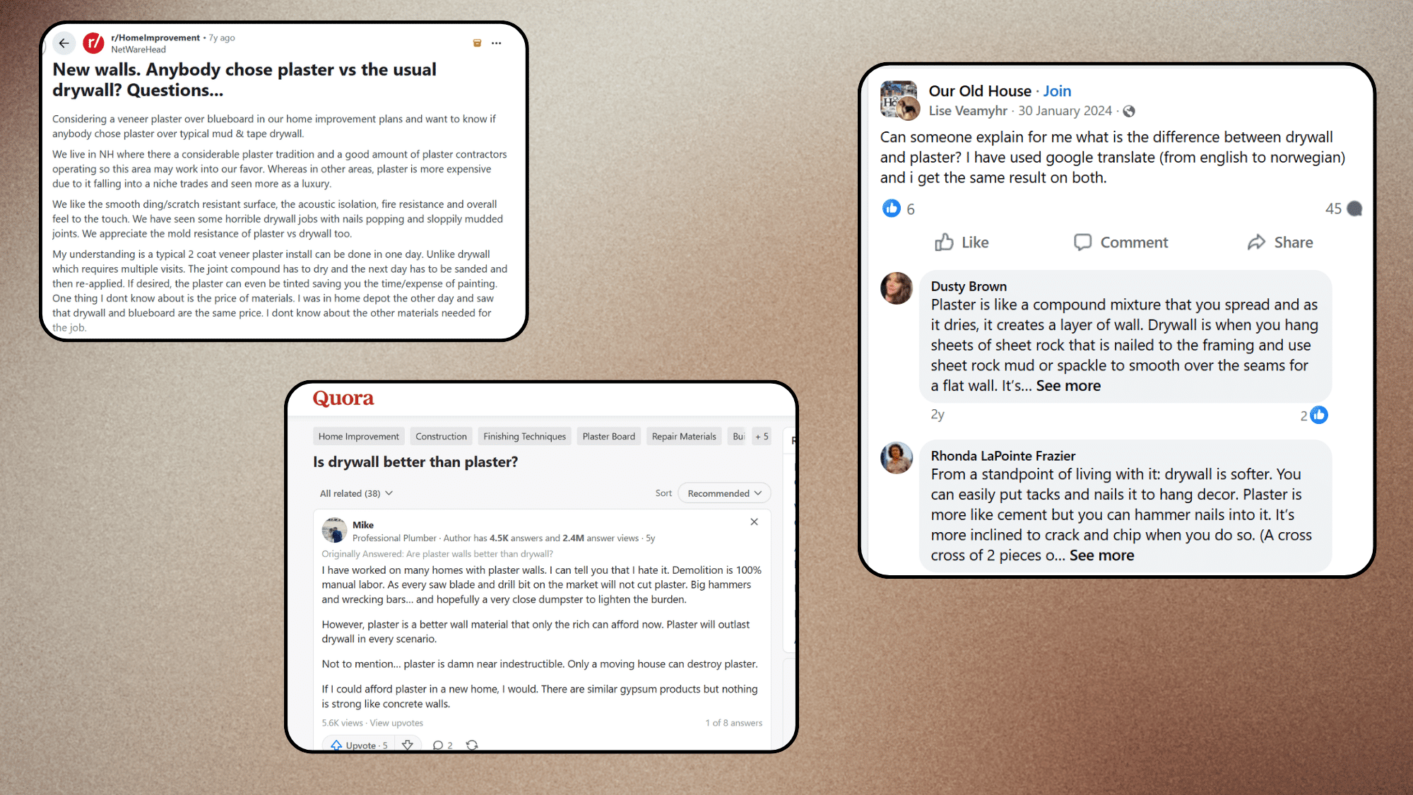 plaster vs drywall discussions from reddit quora and facebook showing renovation experiences and opinions