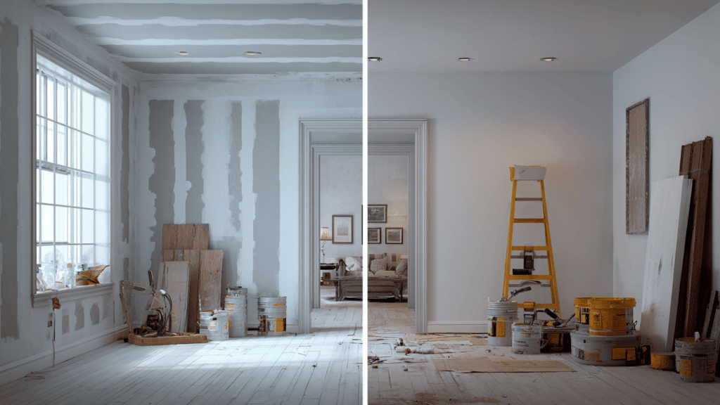 plaster vs drywall room comparison showing unfinished drywall and smooth finished interior renovation walls
