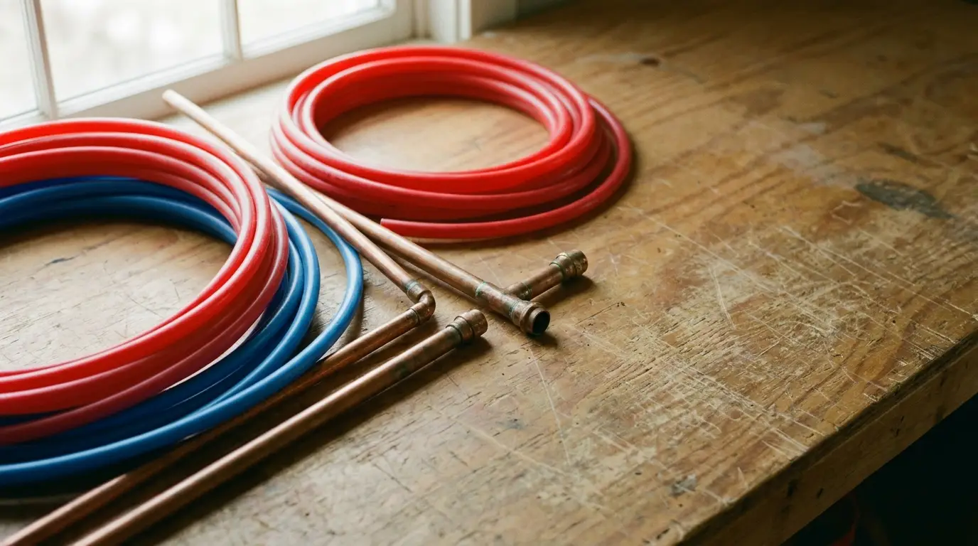 Coiled red and blue hoses with copper pipes on wooden workbench near window