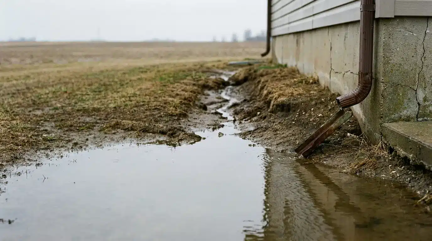 Downspout draining water into muddy ground beside a house exterior on a cloudy day