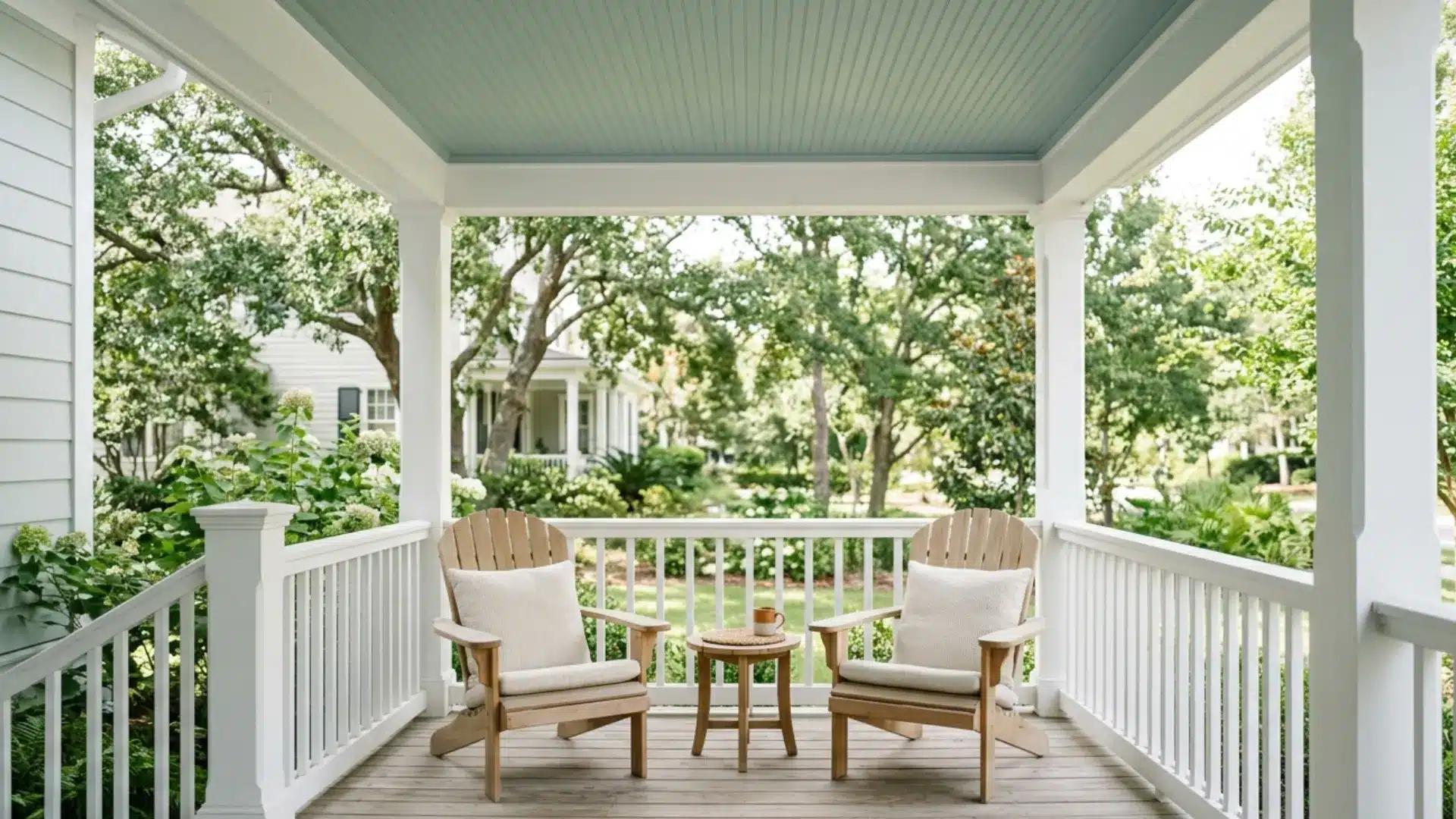 A covered wooden porch featuring two light wood Adirondack chairs with white cushions flanking a small wooden side table, overlooking a lush, green neighborhood scene