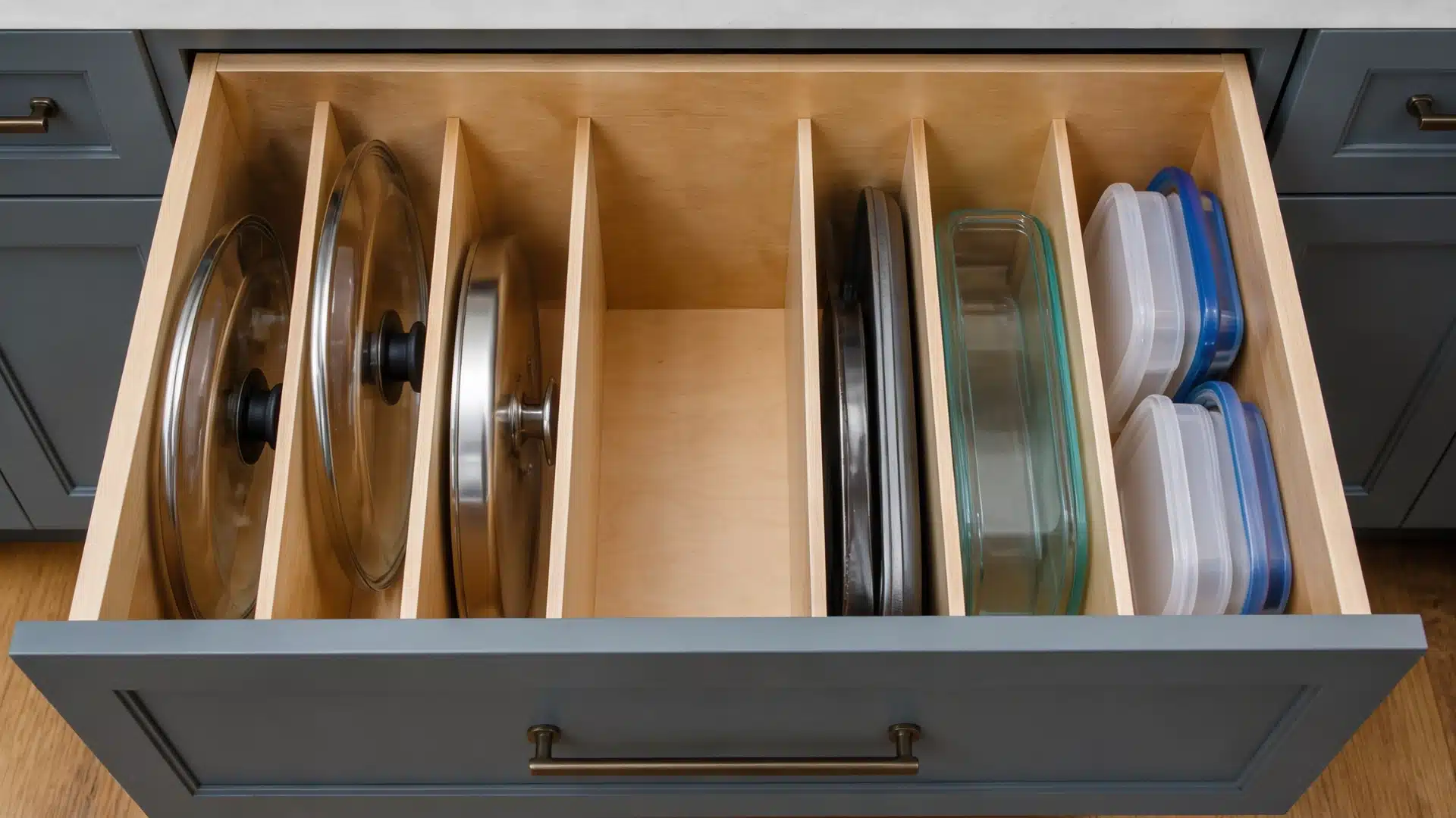 Open kitchen drawer with vertical dividers organizing pot lids, baking pans, a glass dish, and plastic food storage containers.