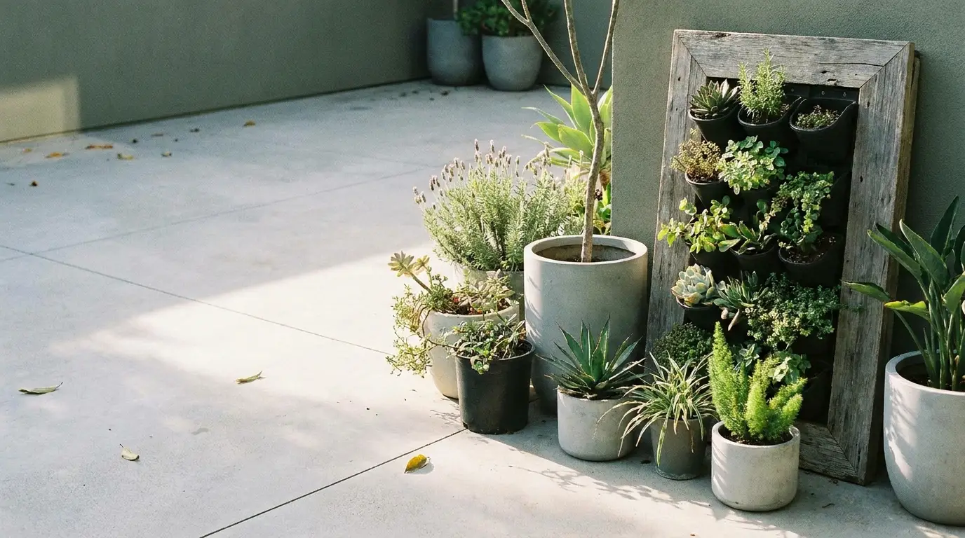 Succulent and herb plants in pots and vertical garden on sunny patio