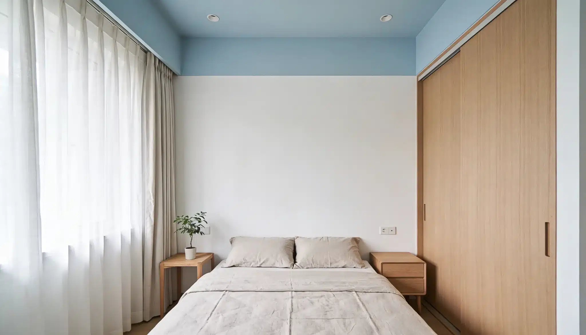 minimal bedroom with powder blue ceiling and white decor creating a calm airy sleep space