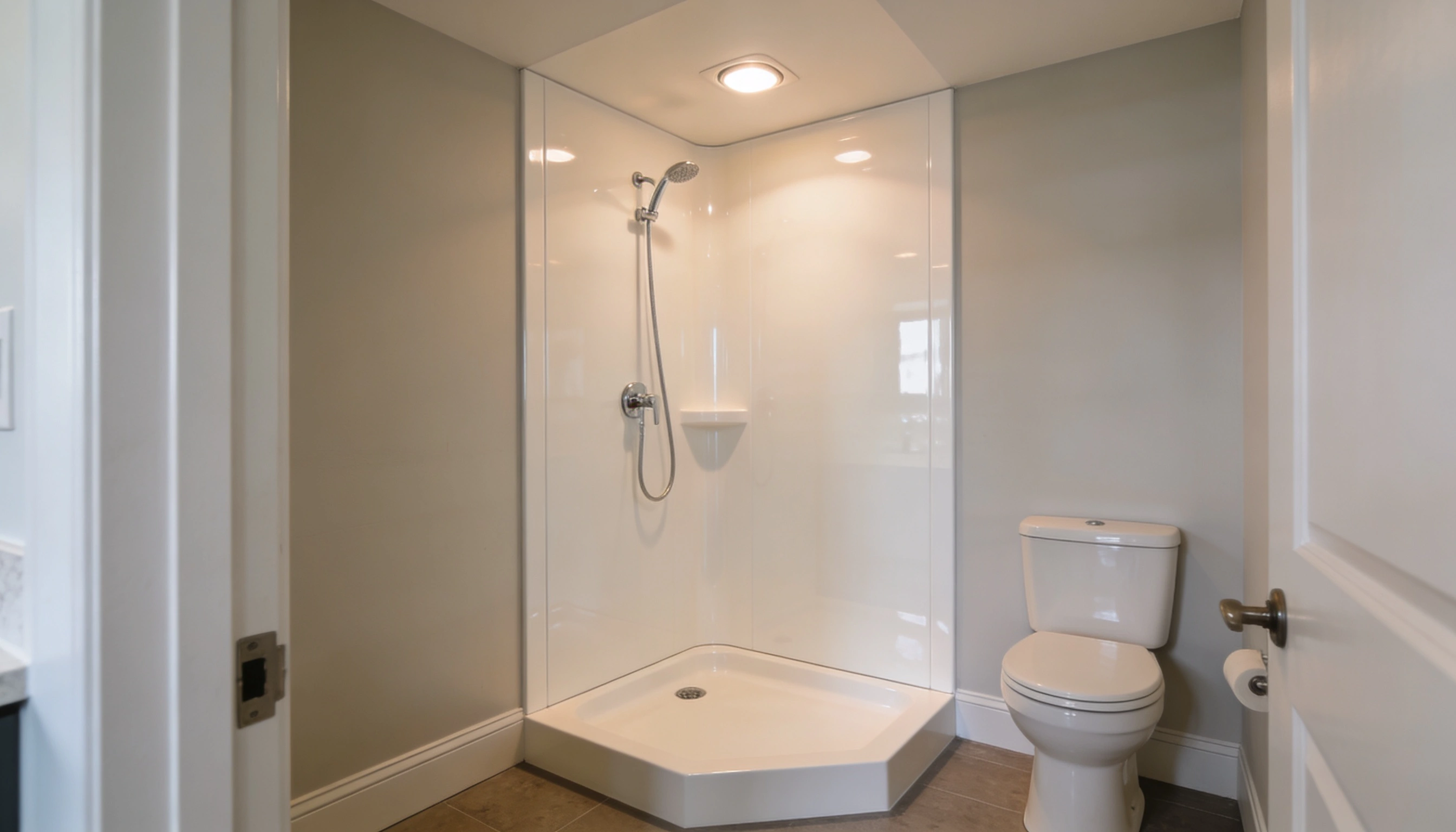 prefabricated walk in shower unit in small bathroom cost effective setup