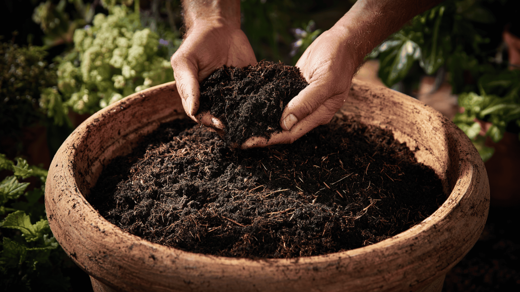 rich dark soil mixed with organic compost prepared for healthy begonia planting in a garden pot outdoors