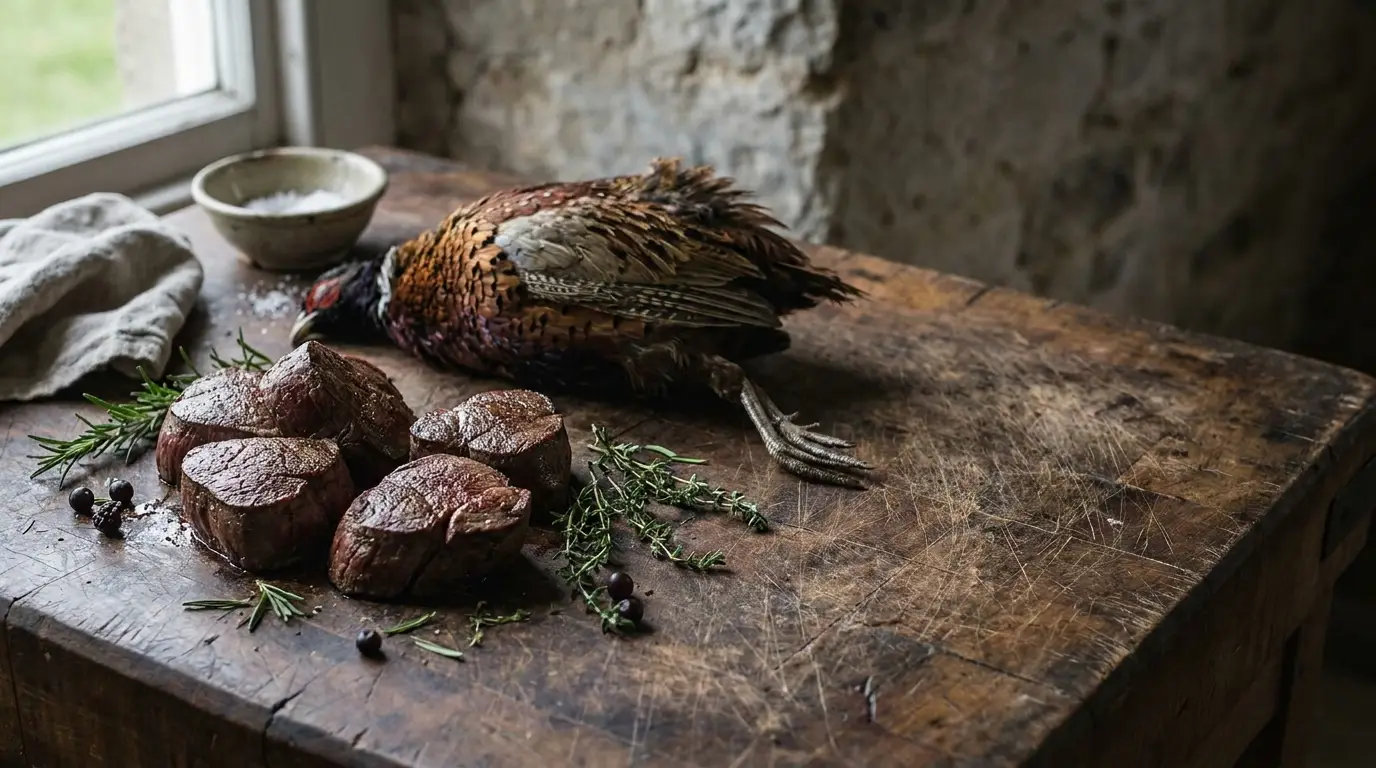 Game meat and prepared fillets on rustic wooden table with herbs and spices