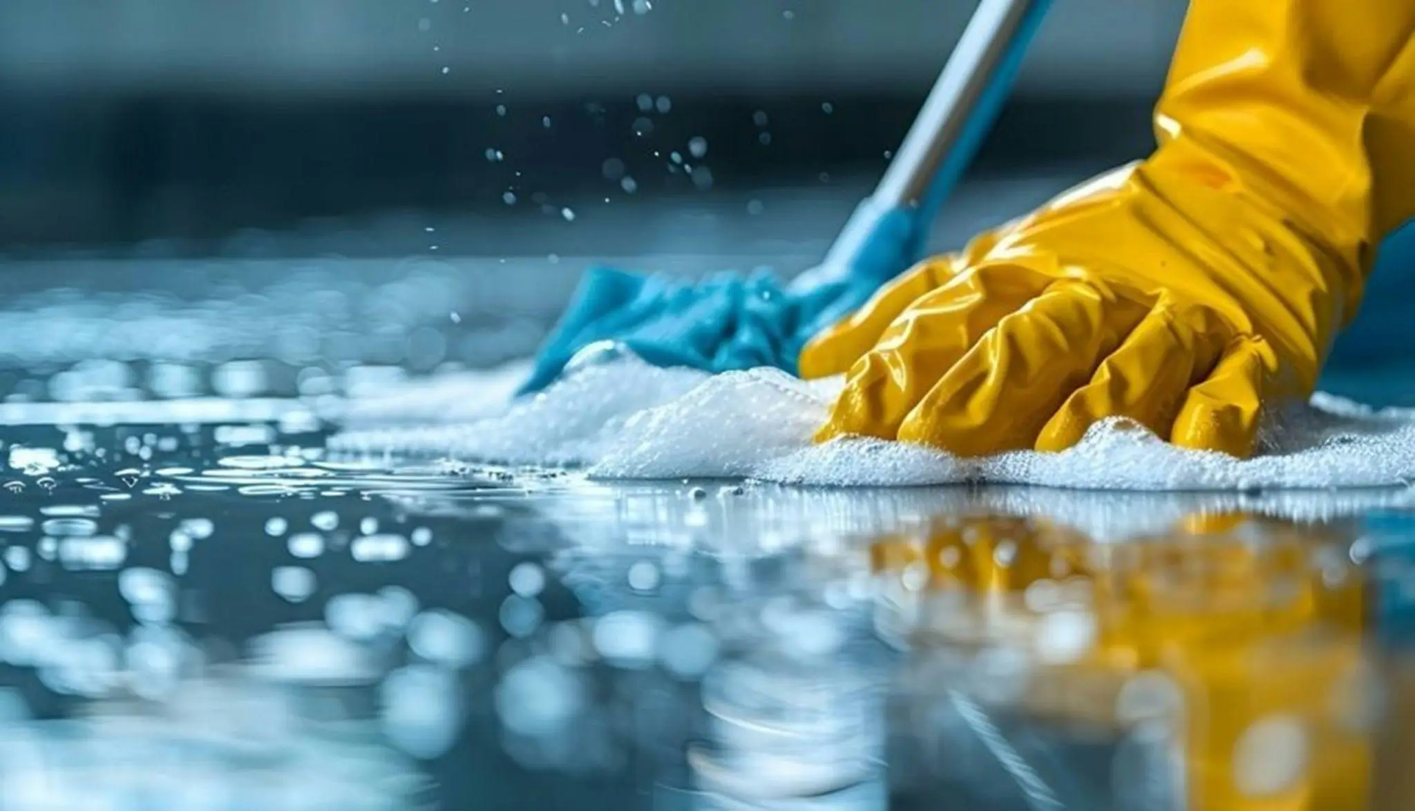 Yellow-gloved hand scrubbing wet floor with blue mop in bright indoor setting