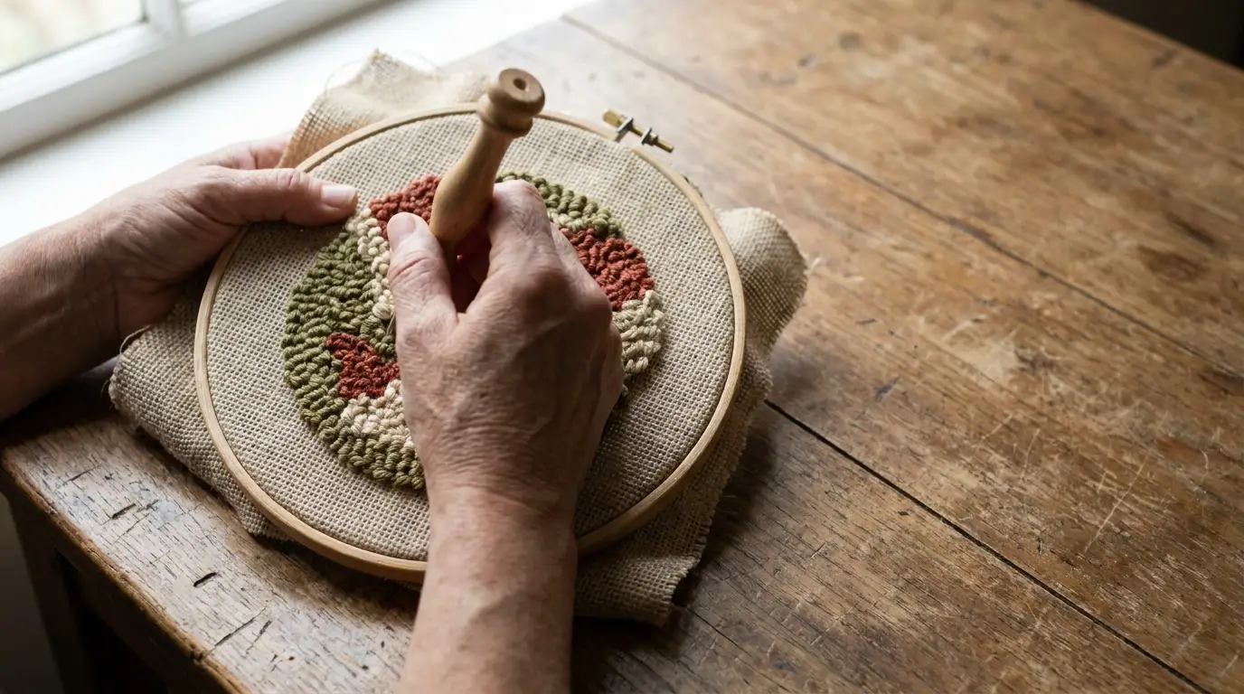 Hands doing punch needle embroidery on hoop at wooden table in natural light