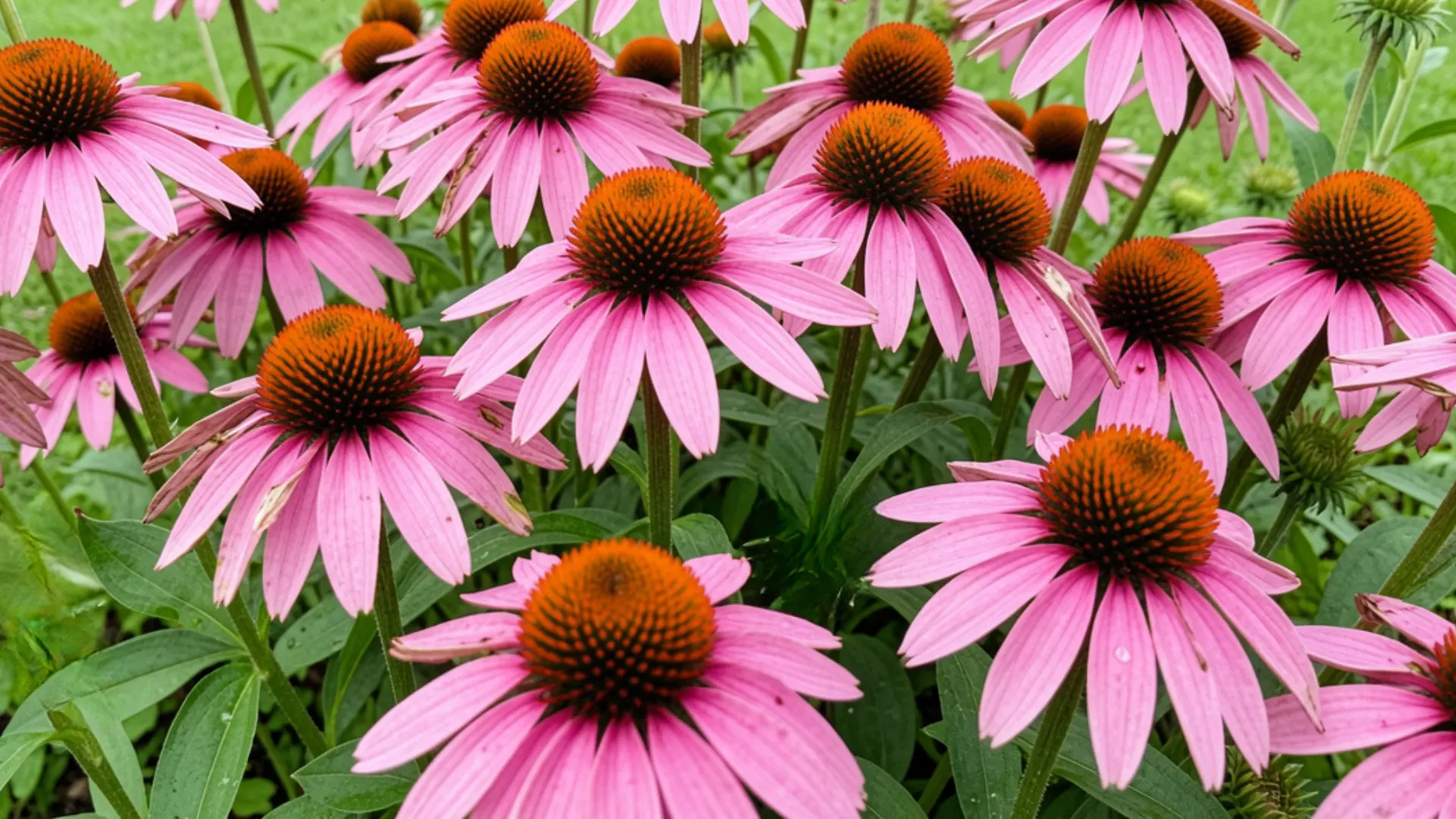 A dense cluster of bright pink coneflower blooms with prominent orange-brown centers stands tall among green foliage.