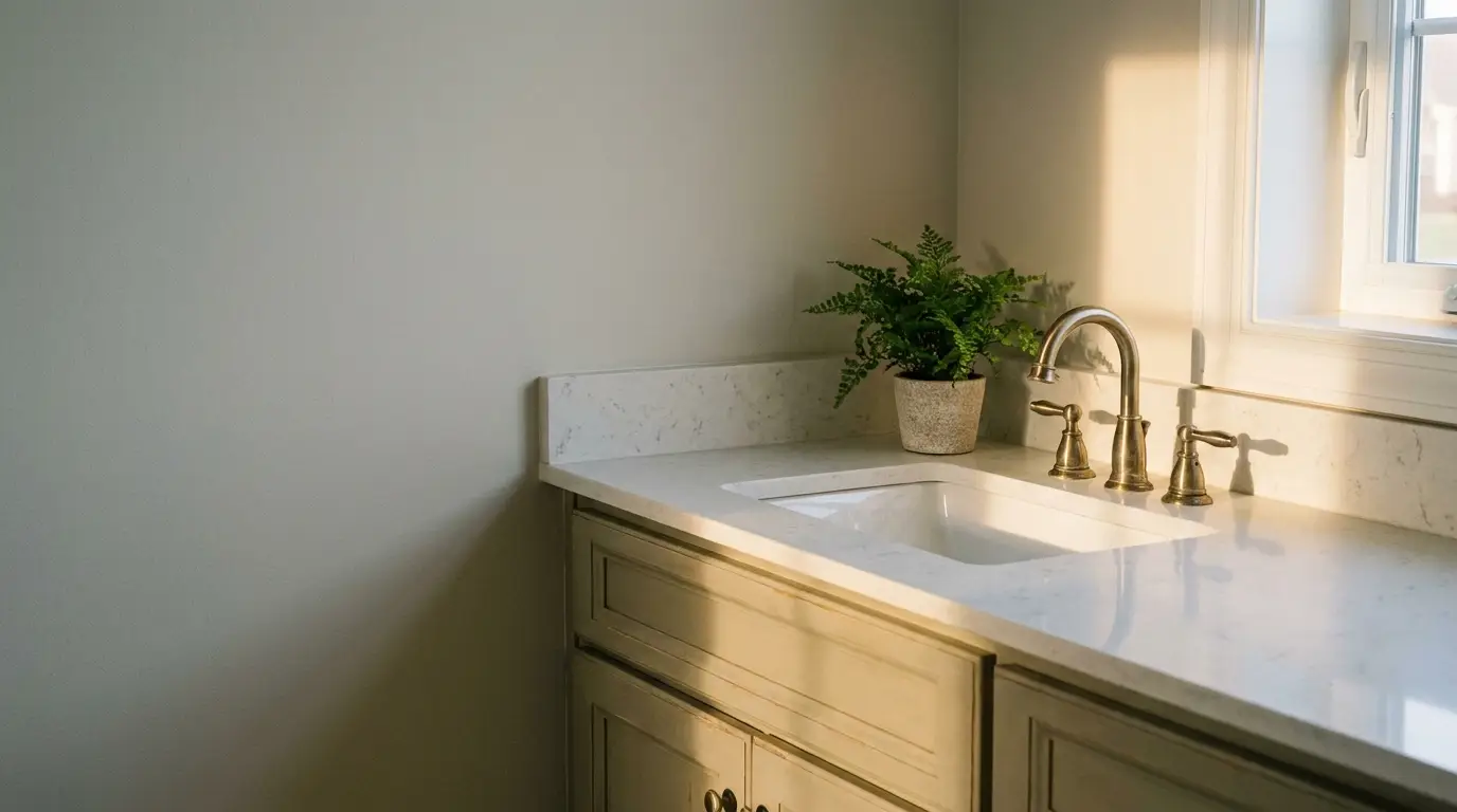Elegant bathroom sink with bronze faucet and green potted fern in natural light
