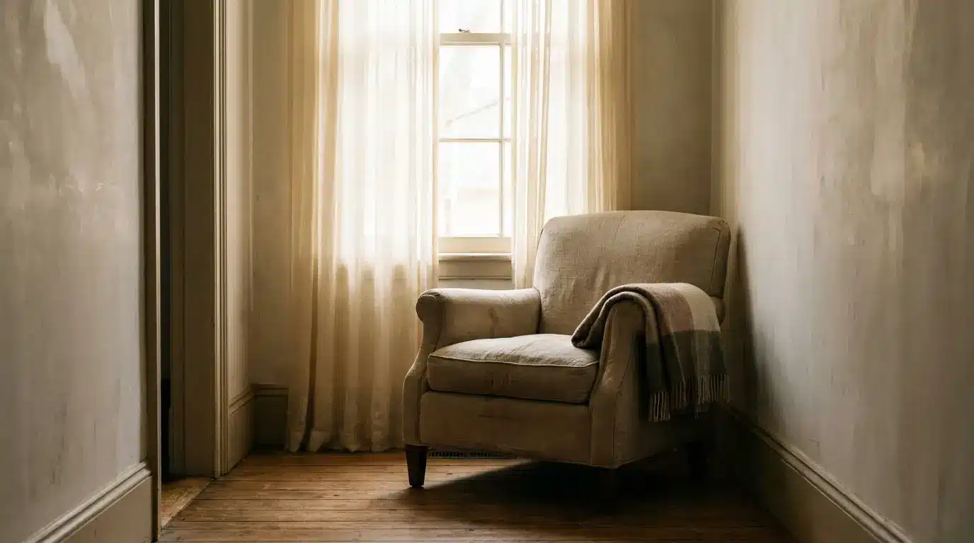 Cozy beige armchair with plaid blanket in sunlit corner of a vintage room