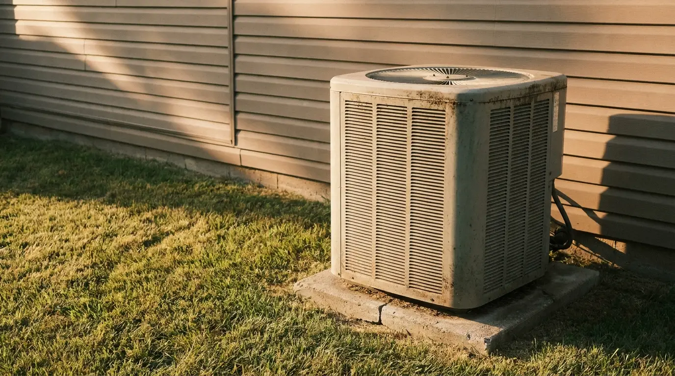 Central air conditioning unit outside a house on a sunny day
