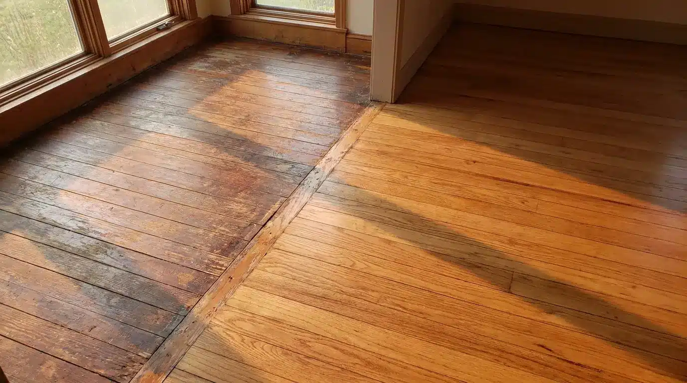 Sunlight casting shadows on contrasting wooden floorboards in bright indoor setting